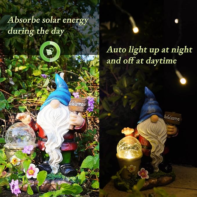 DiliComing Solar Garden Gnomes Outdoor Statues - Cute Gnome Statue with Welcome for Yard Patio Porch Lawn, Resin Gnome Figurine with Solar Light for Thanksgiving and Christmas