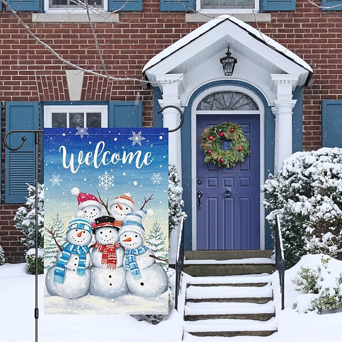 Welcome Winter Garden Flag Double Sided Sonwman 12x18 Inch Small Burlap Welcome Holiday Yard Outdoor Outside House Decoration