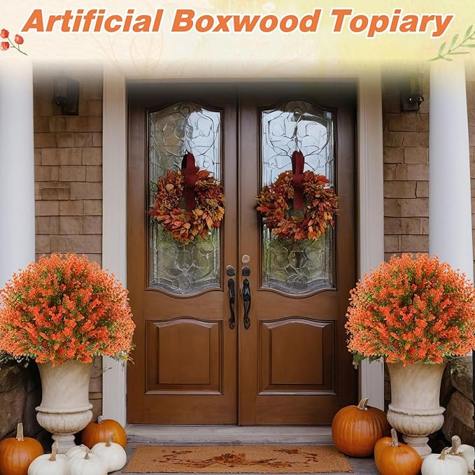 Yunlly 6 Pcs 18 Inch Fall Artificial Boxwood Ball Topiary Tree Outdoor Plants Bush, UV Resistance Faux Shrub with Spike Fall Porch Decor for Indoor Garden Yard Porch Patio Decor (Orange)