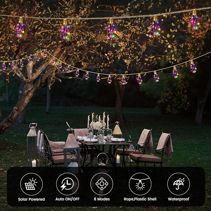 Solar Outdoor String Lights 2Pack 24FT Vintage Rope Hemp Solar Lights with 20 Shatterproof Bulbs,8 Modes Solar Powered Lights with Memory Function, Waterproof for Fence,Balcony,Yard(Multicolor)