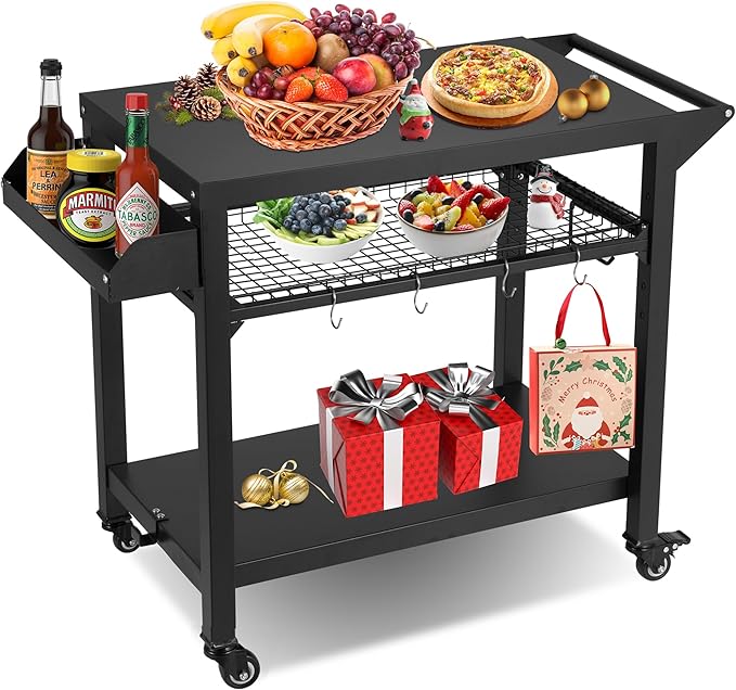Spurgehom Grill Cart, Pizza Oven Stand Table with Wheels, Outdoor Movable Kitchen Cooking Prep Table BBQ Cart with Mesh Racks for Home Party, Bar, Camping