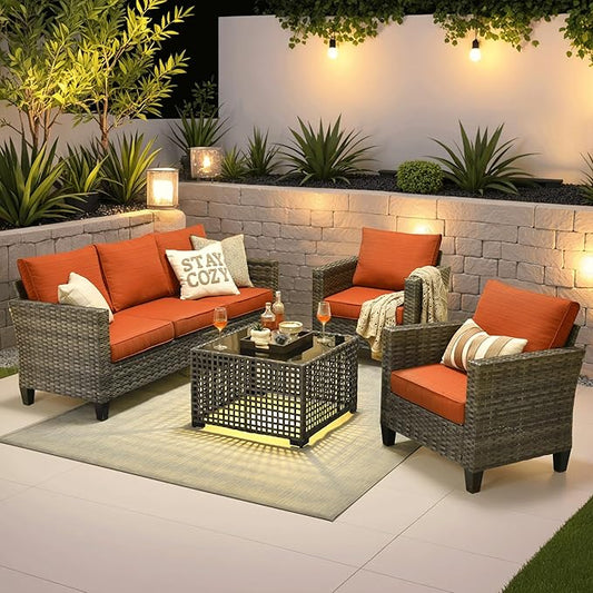ovios 4 Pieces Patio Furniture Set Outdoor Sofa Couch with Solar Lights Table Comfy Cushions, Modern Deep Seat Wicker Rattan Conversation Set for Porch Deck, Orange Red