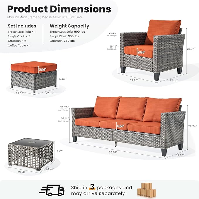 ovios 8 Pieces Patio Furniture Set Outdoor Sofa Couch with Solar Lights Table Comfy Cushions, Modern Deep Seat Wicker Rattan Conversation Set for Porch Deck, Orange Red