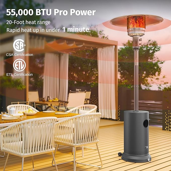 EAST OAK 55,000 BTU Propane Patio Heater with Round Table & Stainless Steel Burner, Outdoor Heater with Wheels, Ideal For Large Patios, Gardens, Outdoor Events, Commercial Use, Gray