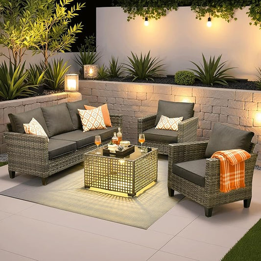 ovios 4 Pieces Patio Furniture Set Outdoor Sofa Couch with Solar Lights Table Comfy Cushions, Modern Deep Seat Wicker Rattan Conversation Set for Porch Deck, Black
