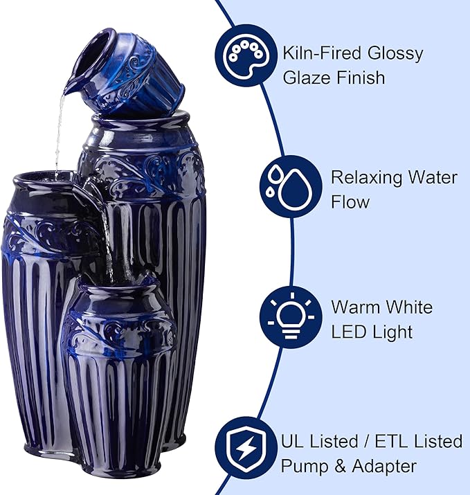 Glitzhome 35.5" H Oversized Outdoor Water Fountain with LED Lights and Pump, 4 Tier Cobalt Blue Embossed Pattern Ceramic Pots Cascading Floor Standing Fountain for Porch Deck Garden Patio Backyard