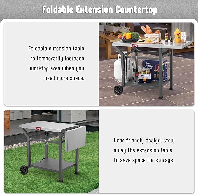Outdoor Grill Table, 40’’x20’’ Movable Pizza Oven Table with Wheels, Stainless Steel Countertop Grill Cart with Storage Shelf & Foldable Extension, 6 Extra Hooks,for BBQ Food Prep