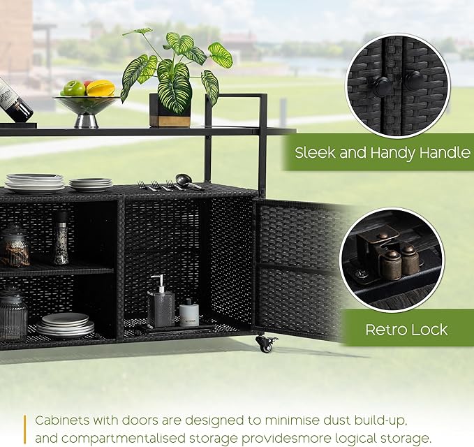 Wicker Outdoor Bar Cart - Black Patio Console Storage Table Buffet Cabinet Serving Kitchen Cart with Wheels for Outside Backyard