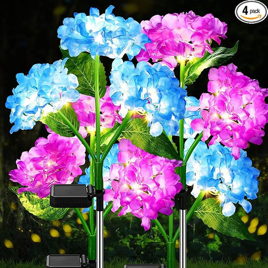 Treela 4 Pack Solar Lights Flowers Outdoor Waterproof Hydrangea Garden Stake Lights Realistic LED Flowers Powered Decorative Ground Solar Flower for Lawn Yard Backyard Decoration Gift(Blue, Purple)