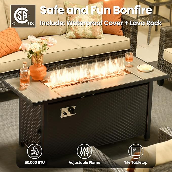 ovios 9 Pieces Patio Furniture Set with 54" Fire Pit Table, Outdoor Sofa Couch with Solar Lights Table Comfy Cushions, Modern Deep Seat Wicker Rattan Conversation Set, Beige