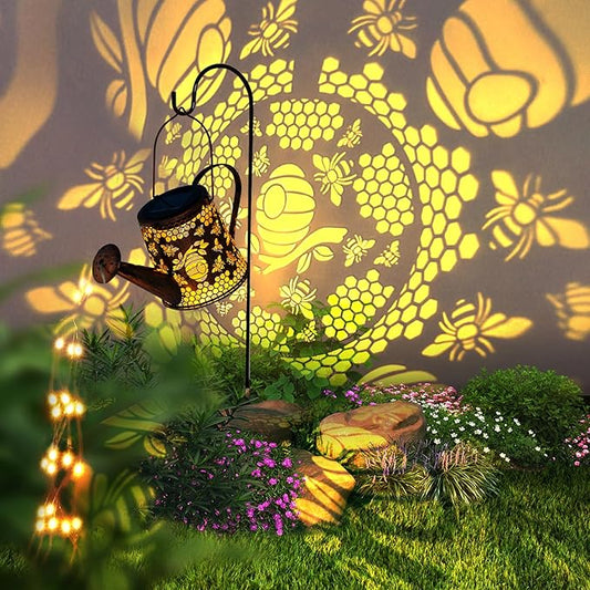 Solar Watering Can Outdoor Lights Garden Decor,Bee Hanging Lantern Waterproof Landscape Lights Outside Decoration for Yard Porch Patio Pathway Gardening Gifts(with 32 inch Shepherd Hook)