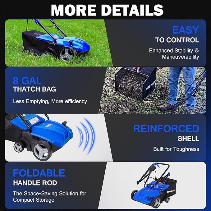 BILT HARD Dethatcher Scarifier Electric Powered, 12 Amp Copper Motor 13 inch Raking Width, 8 gal Thatch Bag, 2 in 1 Walk Behind Thatch Removing Machine for Lawn