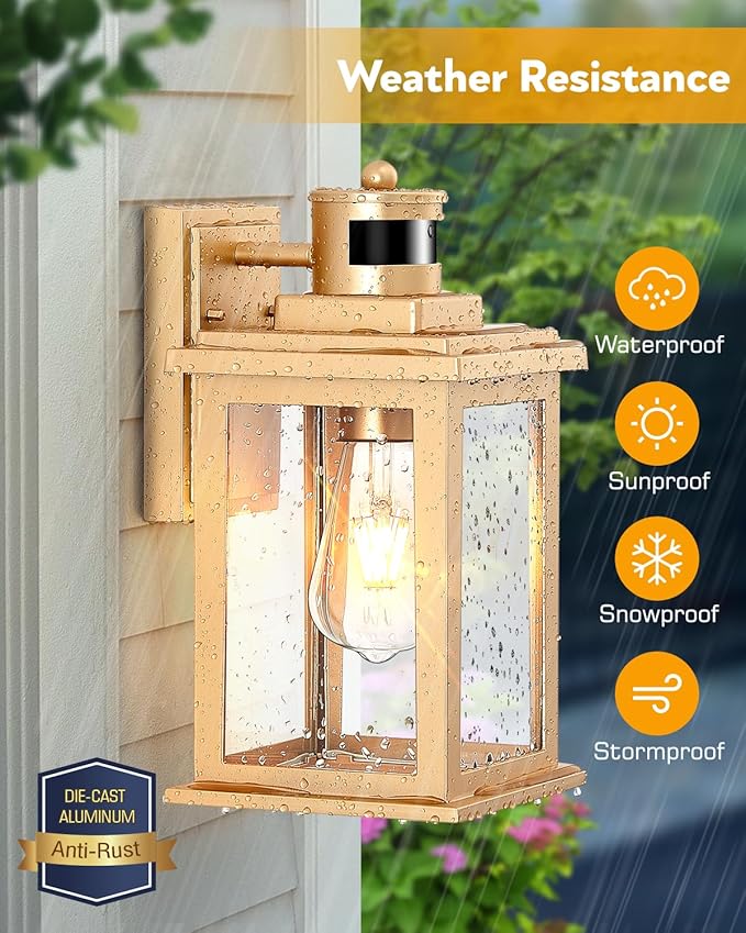 VIANIS Motion Sensor Exterior Lights for House, Dusk to Dawn Outdoor Light Fixture Lantern, Gold Waterproof Outdoor Motion Sensor Light for House, Doorway, Entryway, Garden, Hardwired, Non-Solar