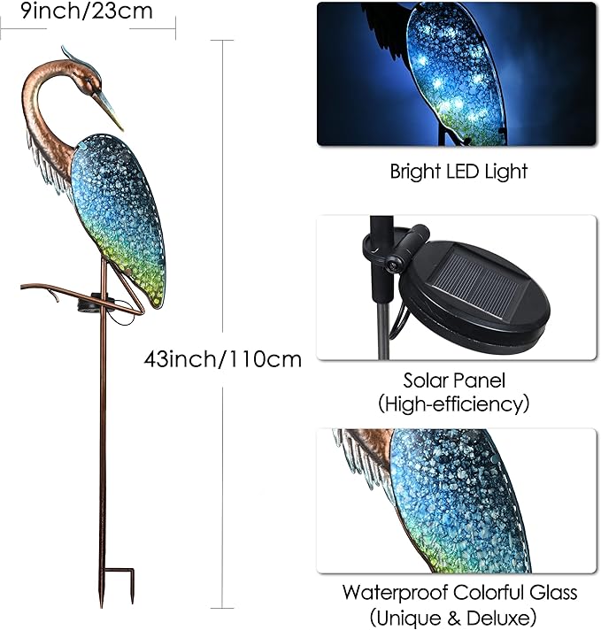 TERESA'S Collections Blue Heron Outdoor Solar Lights for Garde Decor, Metal Yard Decorations Outdoor Decorative Garden Stake for Outside, Yard Art Pathway Lights for Patio Decor 43",Gifts for Mom