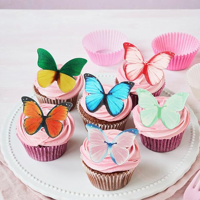 50 PCS Edible Butterfly Cupcake Toppers Butterfly Cupcake Picks Wafer Paper Butterfly Cupcake Decorations for Butterfly Theme Baby Shower Wedding Birthday Party Cake Decorations Supplies Colorful