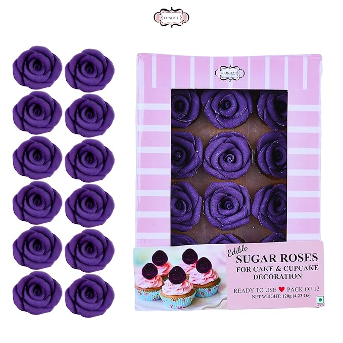 Confect Edible Rose Topper -Edible True Purple Rose Toppers for Cake & Cupcake - Edible Roses for Desserts- Vegan, Gluten-Free, Nut-Free, Dairy-Free, Palm Oil-Free - Pack of 12