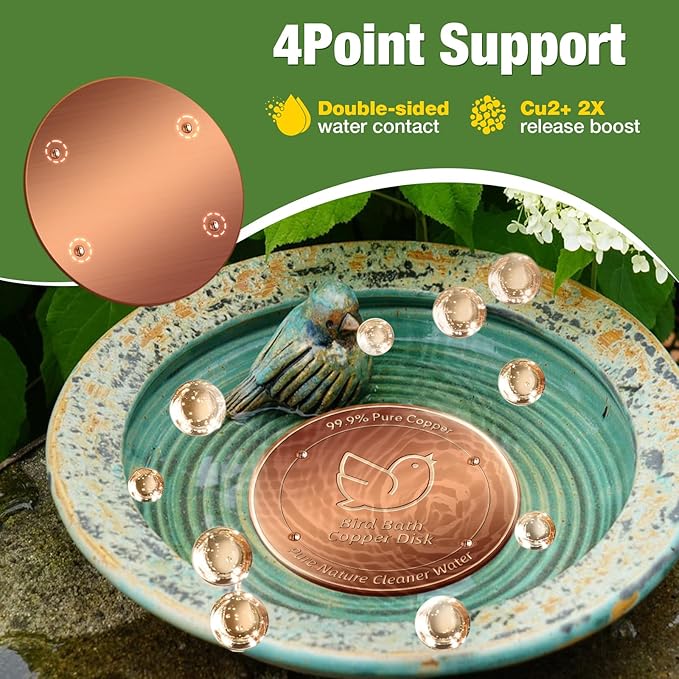 2Pack Bird Bath Copper Disk, 99.99% Pure Copper Cleaning Disc with Four-Point Support, Physical Safe Water Cleaner to Help Maintain Clearer Water for Outdoor Birdbaths & Bowls, All-Season Use
