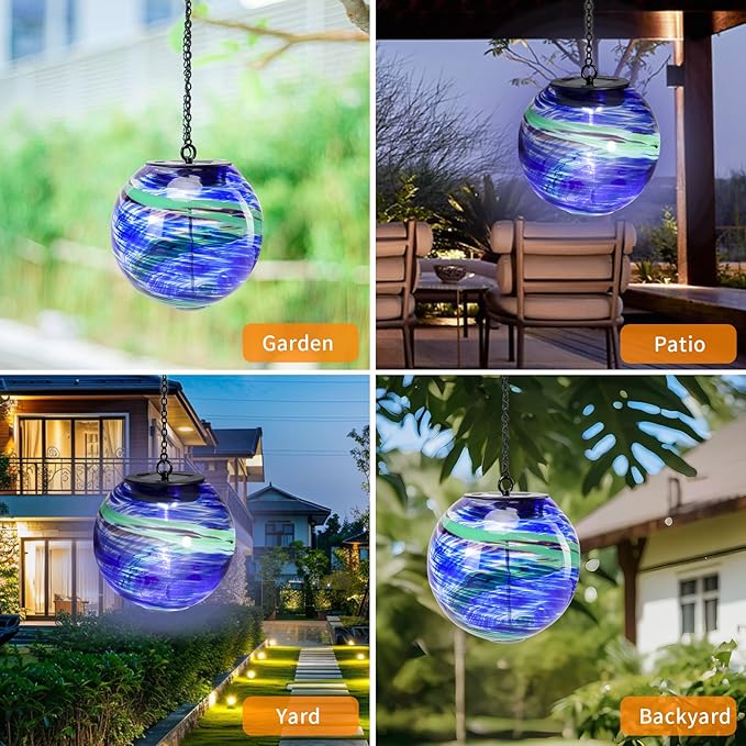 VCUTEKA Solar Chandelier Outdoor, Hanging Glass Solar Light with Hook Up, Garden Lanterns Decor for Yard, Tree and Patio, Blue Green