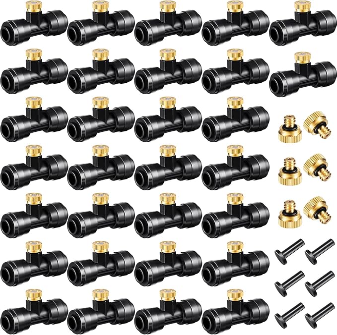 Misting Nozzles Kit Include Water Misting Tees Thread 1/4 Inch and Brass Orifice Nozzle with Black Plug for Outdoor Spray Cooling System(72 Pieces)