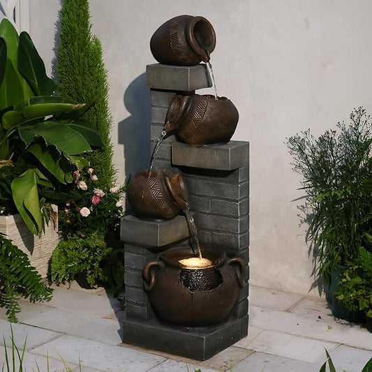 Water Fountain Outdoor 4-Tiers Cascading Realistic Bowls Waterfall Clay Pot Design Outdoor Fountain Resin Imitation Wood with LED Lights for Garden, Patio, Porch 42" H