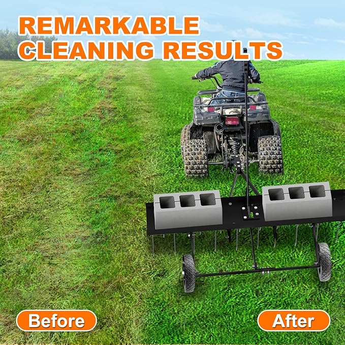 40" Tow Behind Lawn Dethatcher, Pull Behind Rake with 24 Rust-Proof Tines and Heavy Tires, Lawn Tractor Rake with Lift Handle, Black Tow Behind Rakes to Remove Thatch, Leaves from Large Lawn Area