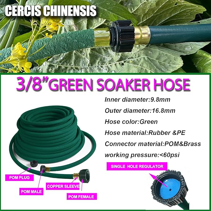 3/8” Soaker Hose 100 ft/Upgraded Rubber Hose Save 70% Water/Flexible Durable Garden Hose Quick Connect Fittings with Brass Ends/Ideal for Lawns,Trees,Vegetables,Gardens & Flower Beds