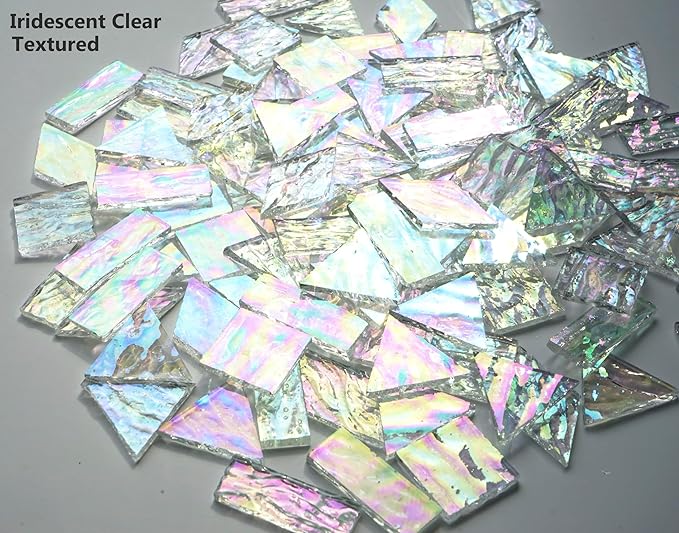 Iridescent Textured Cathedral Glass Mosaic Tiles, 200g Transparent Stained Glass Pieces for Mosaic Art, Pre-Cut for Handmade Crafts, Clear
