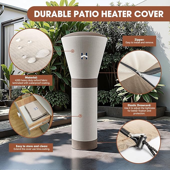 HAMLER Patio Heater Covers, Outdoor Heater Covers Waterproof with Zipper, Outdoor Patio Heater Cover Fits up to 95"H x 34"W x 19"W, Heavy Duty Heater Covers for Standing Heater, Brown & Beige