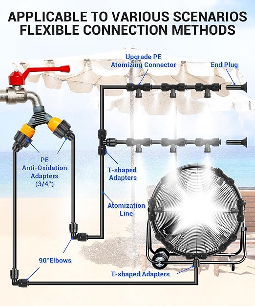 60FT Misters for Outside Patio Misters for Cooling (22 Mist Nozzles) Outdoor Water Patio Hose Greenhouse Mister System Outside Mist Backyard Trampoline for Waterpark Watering Misters for Cooling