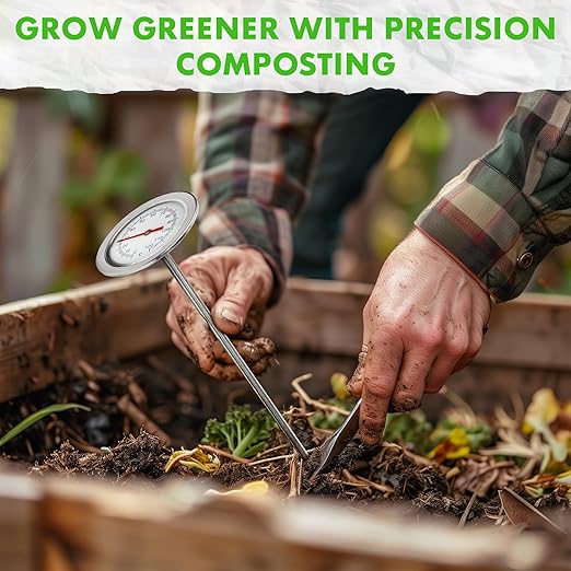 Fishnure - 20” Compost Thermometer, Indoor & Outdoor Thermometer Probe for Composting Bin Heaps, with 1.8” Diameter Celsius Dial & Temperature Gauge, Complements The Compost Starter