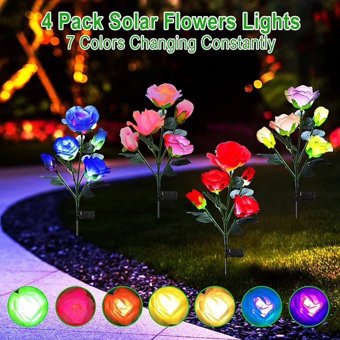 ANGMLN 4 Pack Solar Garden Lights, Solar Flower Lights Outdoor Waterproof with 20 Head Rose 7-Color Changing Landscape Light for Garden Yard Pathway Patio Grave Cemetery Decoration