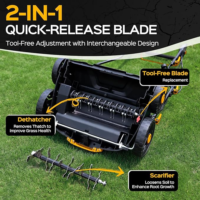 16-Inch 15.5 Amp 2-in-1 Electric Dethatcher and Scarifier, Lawn Dethatcher Rake with 14.5-Gallon Removable Thatch Bag, 5-Position Adiustment, Quick-Fold, Keeps Lawn Healthy - Yellow