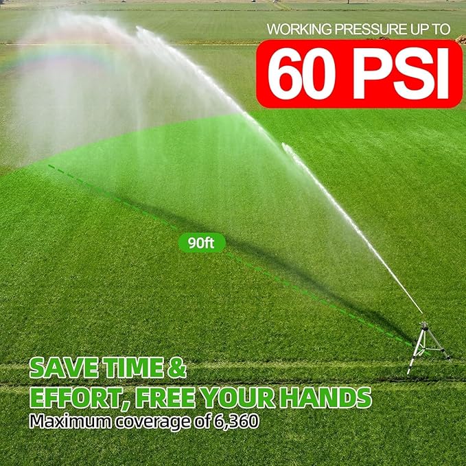 Brass Impact Sprinkler on Tripod Base, 50” Heavy Duty Metal Pulsating Telescoping Sprinkler, 360 Degree Irrigation for Large Area, Yard, Lawn, Waters up to 90ft, Covering up to 6360sqft