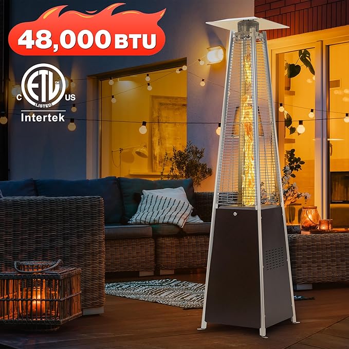 FOOWIN Patio Heater,48,000 BTU Outdoor Patio Heater with Wheels,Propane Patio Heater w/Waterproof Cover & Gloves,Quartz Glass Tube Pyramid Patio Heater for Outdoor Use,Party,Backyard,Garden,Bronze