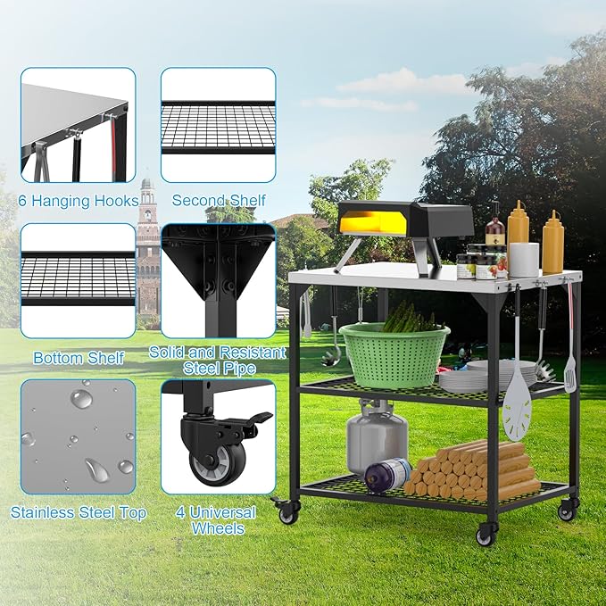 Outdoor Grill Cart 31x24x35 Pizza Oven Table for Ooni Blackstone Ninja Woodfire Flat-top Grills Stainless Steel Trolley Three-Shelf Movable Food Prep and Work Stand Table with Waterproof Cover