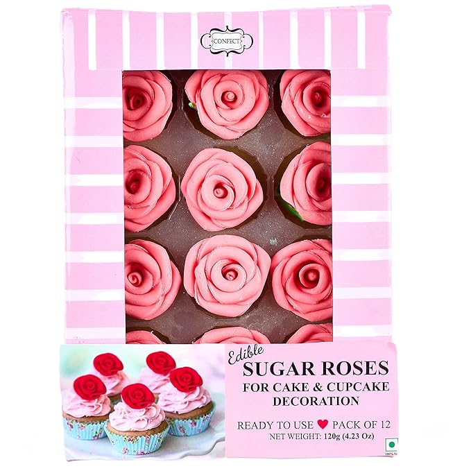 Confect Edible Rose Topper- French Rose Toppers – Pack of 12 Pink French Roses for Cakes, Cupcakes & Donuts – Vegan, Dairy-Free, Palm Oil-Free – Elegant Floral Decorations for Baking