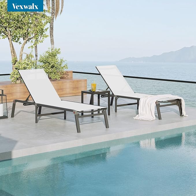 Pool Lounge Chairs Set of 2, Foldable Aluminum Chaise Lounge Outdoor with 5 Positions Recliner - Free Assembly - Patio Chaise Lounge Chair for Poolside, Beach, Yard (White, 2 Pack)