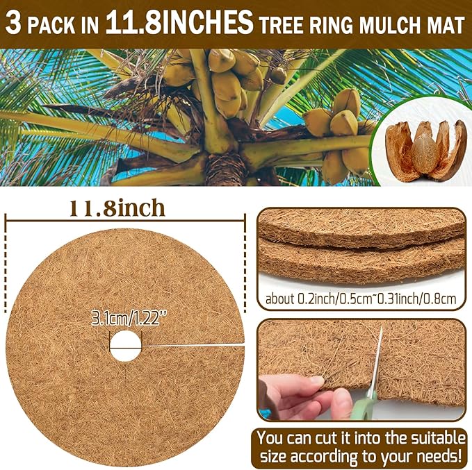 ZeeDix 3 Pack 12 Inch Coconut Fiber Mulch Ring, 100% Natural Coco Coir Tree Ring Mulch Mat Plant Protector Mat, Coconut Coir Discs Plant Pot Soil Cover for Indoor Outdoor Plants, Garden Decoration