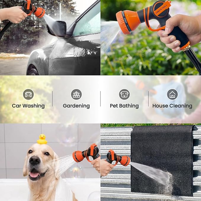 Giraffe Tools Garden Hose 100FT Lightweight Lay Flat Water Hose Kink Free Flexible Hose with 9 Spray Function Nozzle, Black