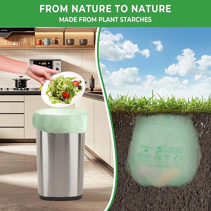 Tall Kitchen Compost Bags 13 Gallon, 49.5 Liter, 0.9 Mil,45 Count Compostable Trash Bags, Food Scrap Waste Bags, ASTM D6400, US BPI, CMA and Europe OK Compost Home Certified