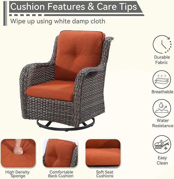 Outdoor Swivel Rocker Patio Chairs Set of 2 - Outdoor Wicker Patio Conversation Sets 2 Pieces with Olefin Fabric Cushions Suitable for Backyard Deck and Porch, Orange
