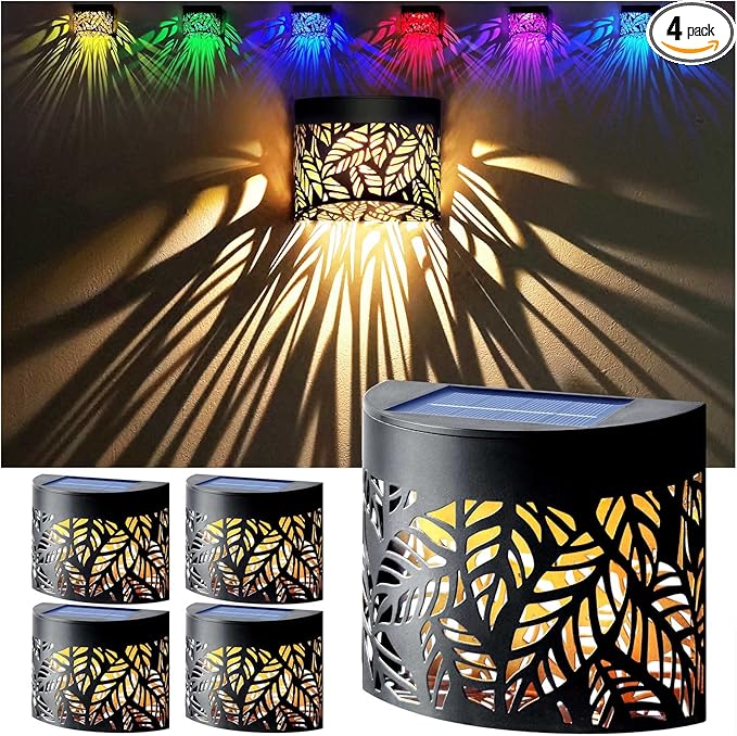 DenicMic Solar Wall Lights Outdoor 4 Pack Fence Solar Lights Led Waterproof Deck Lighting for Patio Pool Step Front Door, Metal Leaf Fence Decoration, Warm White/Color Changing