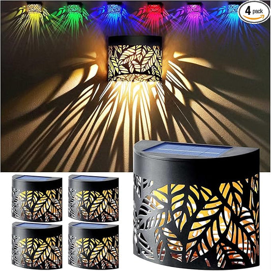 DenicMic Solar Wall Lights Outdoor 4 Pack Fence Solar Lights Led Waterproof Deck Lighting for Patio Pool Step Front Door, Metal Leaf Fence Decoration, Warm White/Color Changing