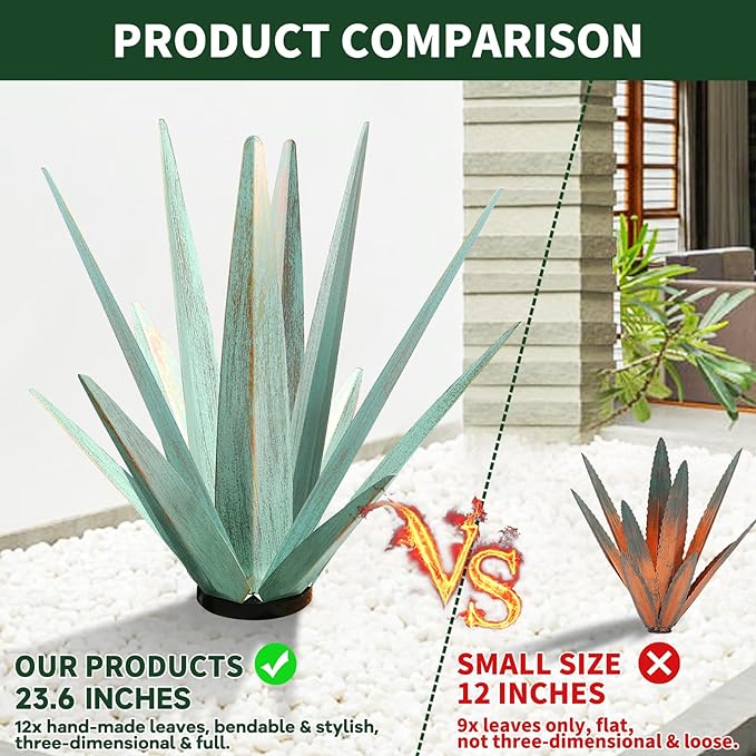 Large Tequila Rustic Sculpture, Rustic Metal Agave Plants for Outdoor Patio Yard, Home Decor Hand Painted Metal Agave Garden Yard Statue, Outdoor Lawn Ornaments (Rose Red - L (W/Solar Light))