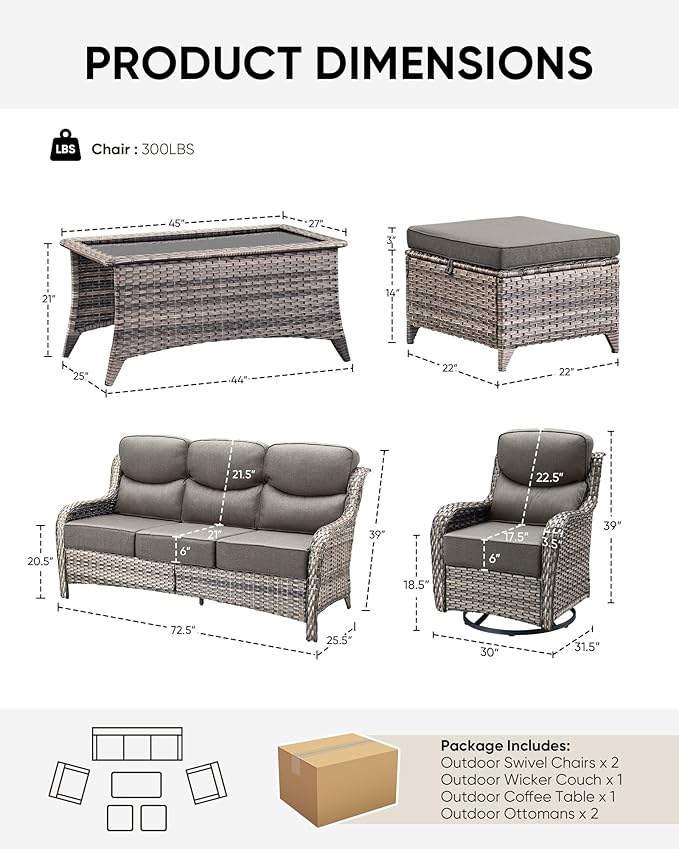 HUMMUH Wicker Patio Furniture Set 6 Inch Thick Cushion Outdoor Swivel Rocker Patio Chairs with Deep Seat Sofa 6PCS Outdoor Furniture Set for Porch Garden Deck