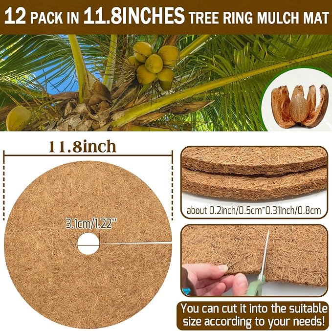 ZeeDix 12 Pack 12 Inch Coconut Fiber Mulch Ring, 100% Natural Coco Coir Tree Ring Mulch Mat Plant Protector Mat, Coconut Coir Discs Plant Pot Soil Cover for Indoor Outdoor Plants, Garden Decoration