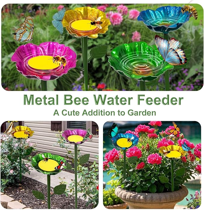 4 Pack Bee Watering Station, Metal Flower Stakes with Float, Pollinator Watering Station for Bees & Butterflies Feeder Outdoor Garden Decor