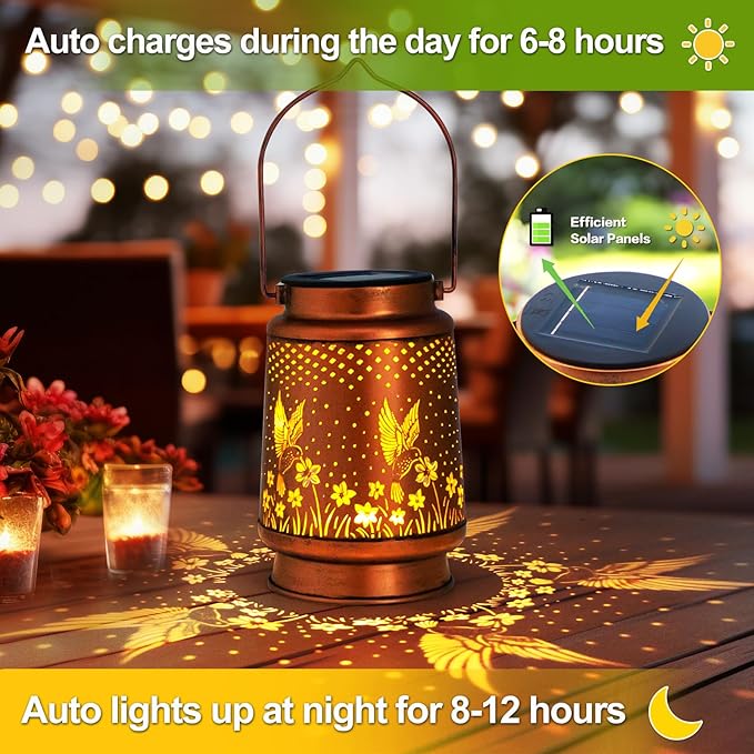4 Packs Solar Lanterns Outdoor Hanging Lantern Lights, 4 Hummingbirds Hollowed-Out Metal Decor Lantern, Waterproof LED Decorative Garden Light Gifts