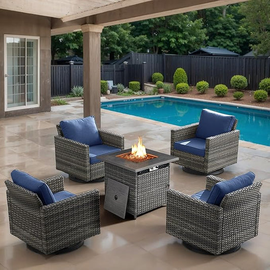 Outdoor Swivel Rocker Chairs Set of 4 with Fire Pit Table - 5 Peice Wicker Patio Furniture Set Conversation Set with 50,000 BTU Fire Pit for Deck Backyard - Grey Wicker Blue Cushion
