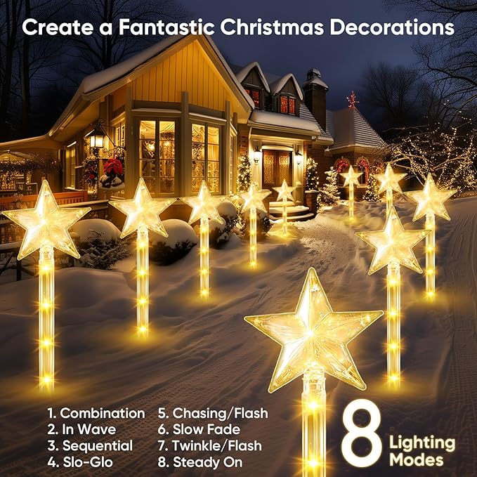 Christmas Decorations Solar Lights Outdoor: 8 Pack 64 LED Solar Christmas Lights Outdoor Waterproof, 8 Warm White Lighting Modes Christmas Pathway Lights Xmas Decor for Outside Yard Garden Backyard